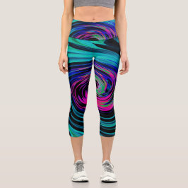 Dramatischer Schwarz-Türkis-Abstrakter Retro-Twirl Capri Leggings