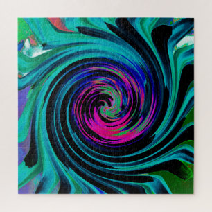 Dramatischer Schwarz-Türkis-Abstrakter Retro-Twirl Puzzle