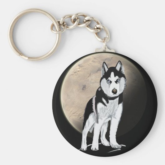 Dramatischer Schwarz-Weiß-Husky gegen Vollmond Schlüsselanhänger (Vorne)
