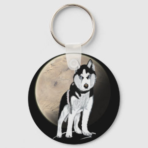Dramatischer Schwarz-Weiß-Husky vor Vollmond Schlüsselanhänger