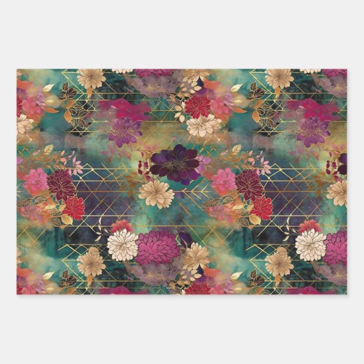 Dramatisches Blumengestein in Aquamarin, schwarz u Geschenkpapier Set (Vorderseite 3)