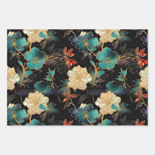 Dramatisches Blumengestein in Aquamarin, schwarz u Geschenkpapier Set (Vorderseite)