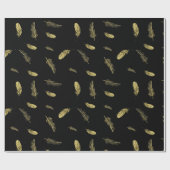 Dramatisches Boho Golden Feathers Black Geschenkpapier (Flach)