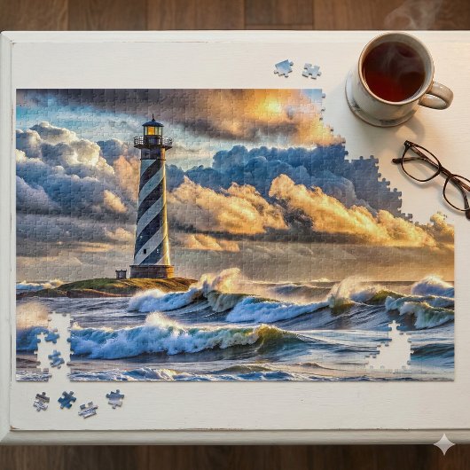Dramatisches Leuchtturm Seascape mit Sturmwellen Puzzle