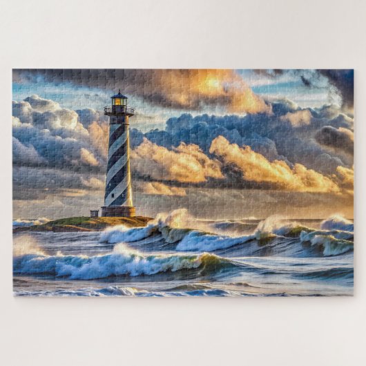 Dramatisches Leuchtturm Seascape mit Sturmwellen Puzzle (Horizontal)