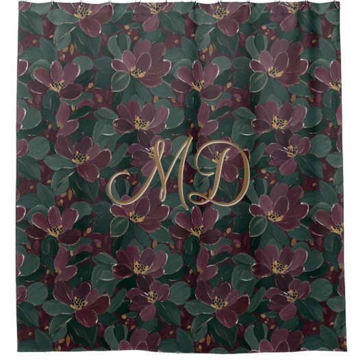 Dramatisches Marine- und Waldgrün-Blumenmuster Duschvorhang (Vorderseite)