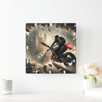 Dramatisches Motorrad entkommt durch City Debris Quadratische Wanduhr