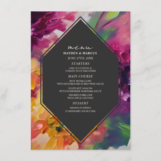 Dramatisches Multicolor-Blumenmenü Menükarte (Vorderseite)