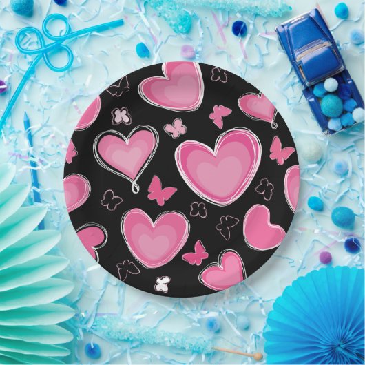 Dramatisches rosa Herz und Schmetterlinge Pappteller (Party)
