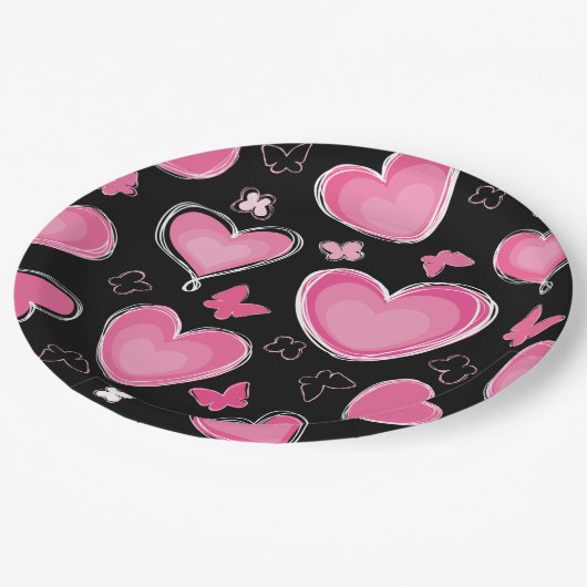 Dramatisches rosa Herz und Schmetterlinge Pappteller (Schrägansicht)