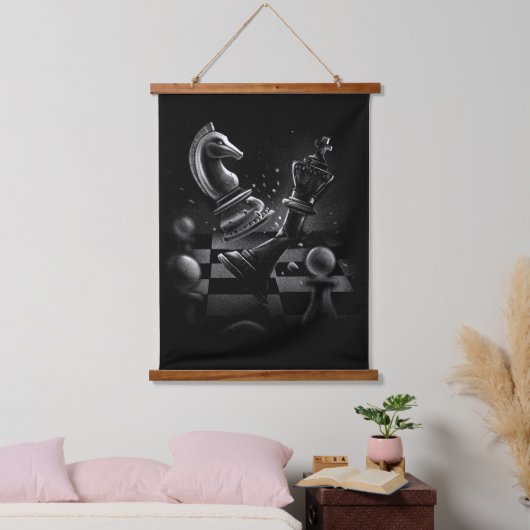 Dramatisches Schach-Monochrom Wandteppich Mit Holzrahmen (Schlafzimmer)