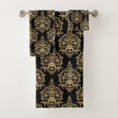 Dramatisches Schwarz mit Gold Damask Verziert Badhandtuch Set (Insitu)
