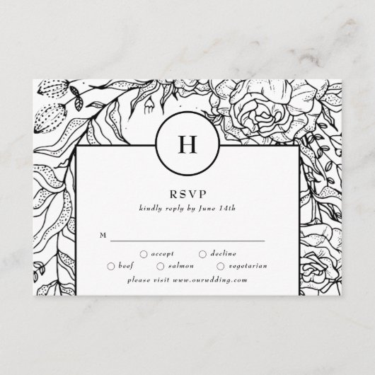 Dramatisches Schwarzes Monogramm-Wraath RSVP Karte (Vorderseite)