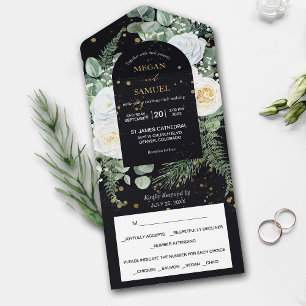 Dramatisches weißes Rosenbouquet Foto-Hochzeit All In One Einladung