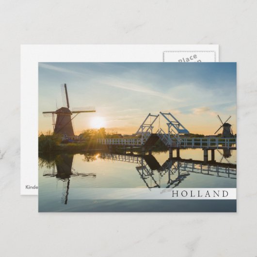 Drawbridge und Windmühlen bei Sonnenuntergang in H Postkarte (Vorne/Hinten)