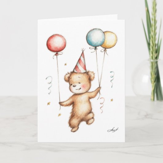 Drawing of Teddy Bear in Birthday Hat with Balloon Karte (Vorderseite)