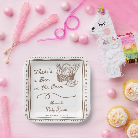 Drawn Brown Bun in the Oven Baby Shower Party Pappteller (Party)