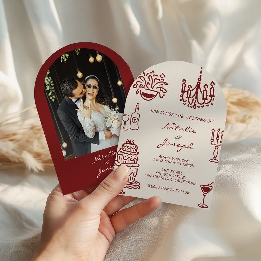 Drawn Burgundy Romantic Photo Arched Wedding Einladung