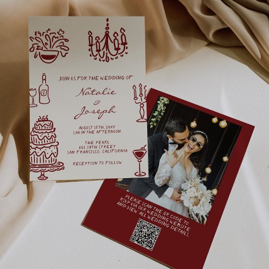 Drawn Burgundy Whimsical Photo QR Code Wedding Einladung