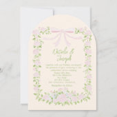 Drawn Green Pink Bow Floral Summer Arched Wedding Einladung (Vorderseite)