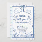 Drawn Silly Goose blue Gingham Ribbon Baby Shower Einladung (Vorderseite)