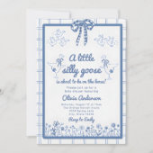 Drawn Silly Goose blue Gingham Ribbon Baby Shower Einladung (Vorderseite)