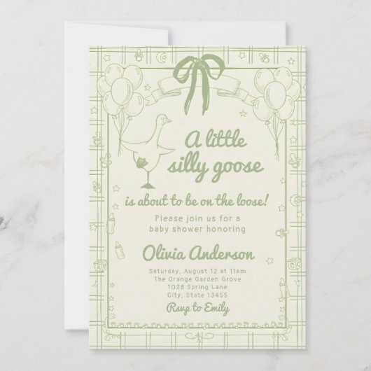 Drawn Silly Goose green Gingham Ribbon Baby Shower Einladung (Vorderseite)