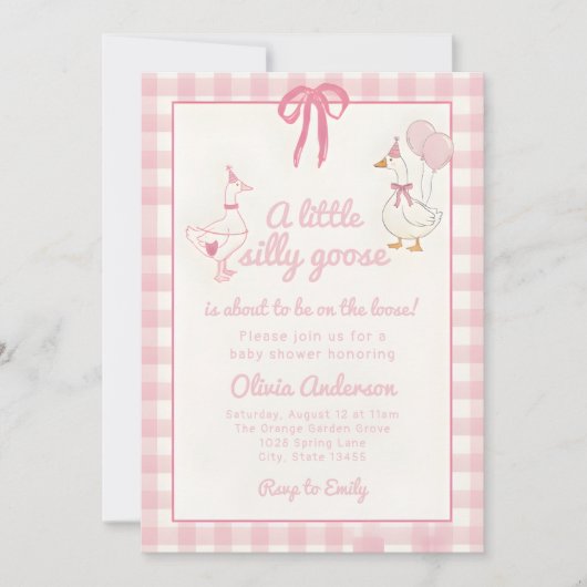 Drawn Silly Goose pink Gingham Ribbon Baby Shower Einladung (Vorderseite)