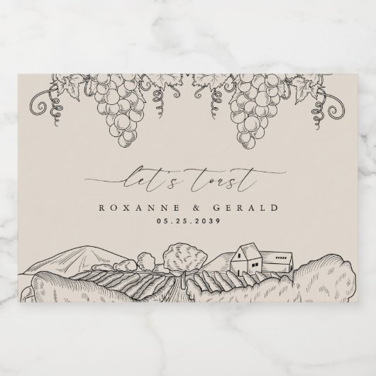 Drawn Vineyard Winery Let's Toast Tuscany Wedding Schaumweinetikett (Einzelnes Label)