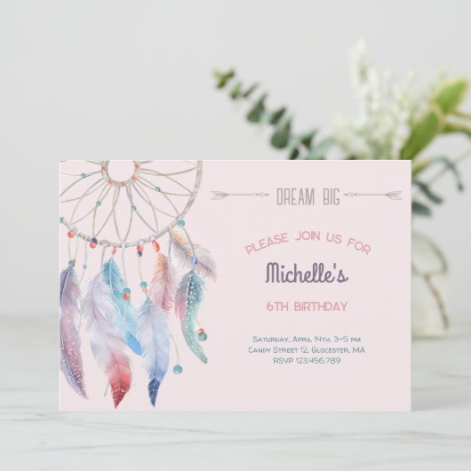 Dream Big Boho Dreamcatcher Geburtstag Einladung (Stehend Vorderseite)