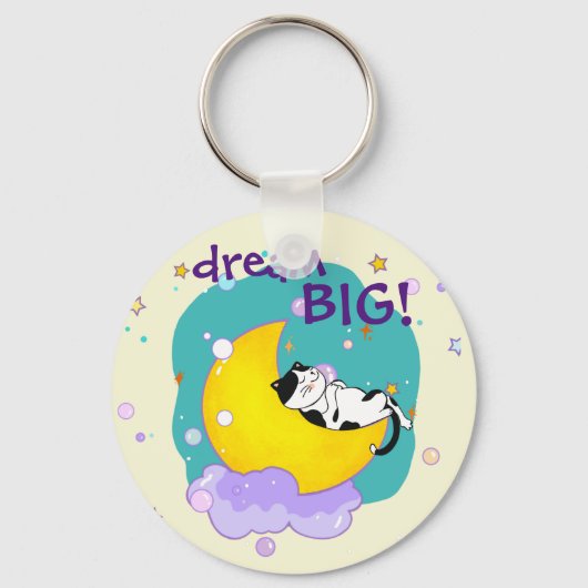 "Dream Big" Cat on Moon Inspiration Zitat Schlüsselanhänger (Vorderseite)