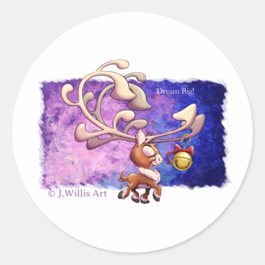 DREAM BIG CHRISTMAS REINDEER von Jeff Willis Art Runder Aufkleber (Vorderseite)