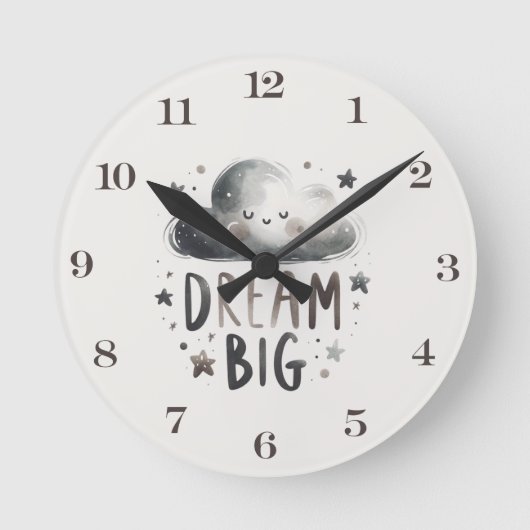 Dream Big Cloud and Stars Nursery Wall Clock Runde Wanduhr (Vorderseite)