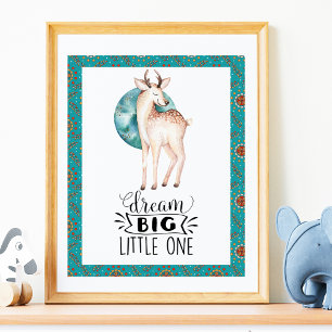 Dream Big Deer Boho Blue Border Kinderzimmer Art P Poster
