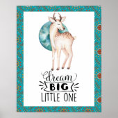 Dream Big Deer Boho Blue Border Kinderzimmer Art P Poster (Vorne)