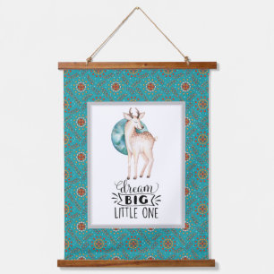 Dream Big Deer Boho Blue Border Kinderzimmer Art Wandteppich Mit Holzrahmen