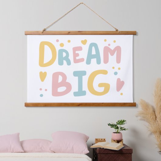 Dream Big Pastel Hearts Wandteppich Mit Holzrahmen (Schlafzimmer)