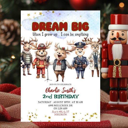 Dream Big Reindeer Career Theme Kids Birthday Einladung