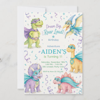Dream Big Roar Loud Dinosaur Birthday Watercolor Einladung