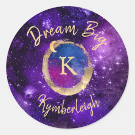 Dream Big Space Galaxy Metallic Gold Monogram Name Runder Aufkleber