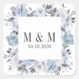 Dream Blue Botanical Frame Wedding Monogram Quadratischer Aufkleber