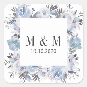 Dream Blue Botanical Frame Wedding Monogram Quadratischer Aufkleber