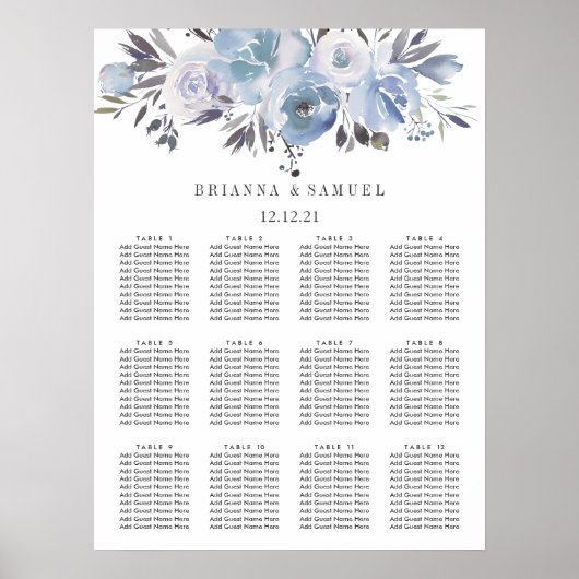 Dream Blue Floral Wedding Chart Poster (Vorne)