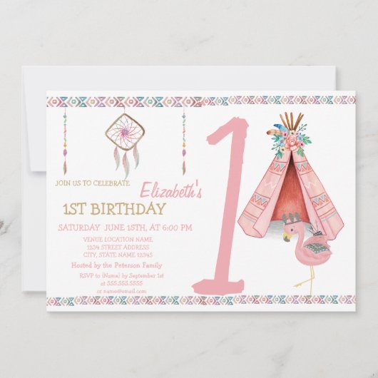 Dream Catcher,Arrows,FlamingoBirthday Einladung (Vorderseite)