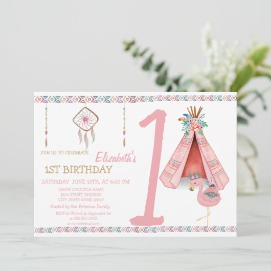 Dream Catcher,Arrows,FlamingoBirthday Einladung (Stehend Vorderseite)