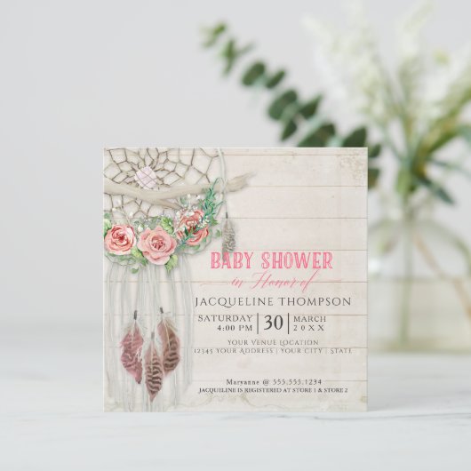 Dream Catcher Baby Shower Girl BOHO Wood Feather Einladung (Stehend Vorderseite)