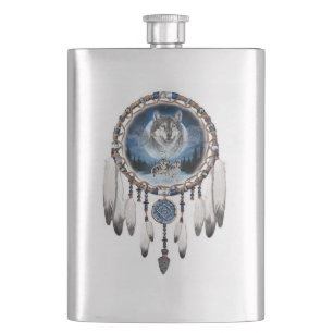 Dream Catcher mit Wolfshintergrund Flachmann