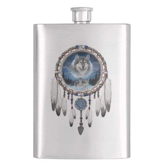 Dream Catcher mit Wolfshintergrund Flachmann (Vorderseite)