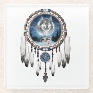 Dream Catcher mit Wolfshintergrund Glasuntersetzer