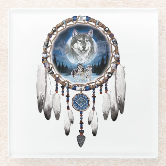 Dream Catcher mit Wolfshintergrund Glasuntersetzer (Vorderseite)